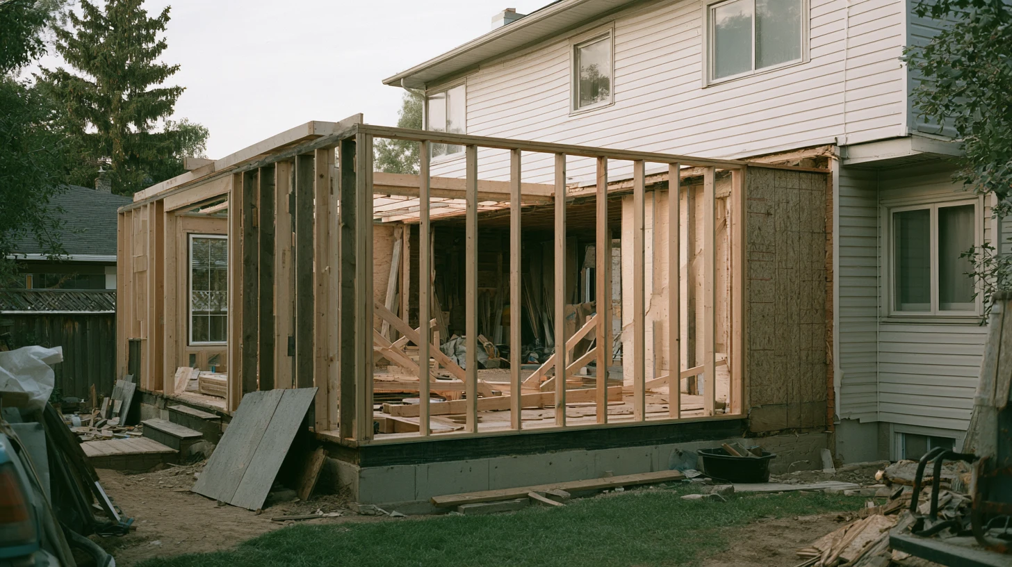 A new stick-framed addition tied into the back of an existing sided house